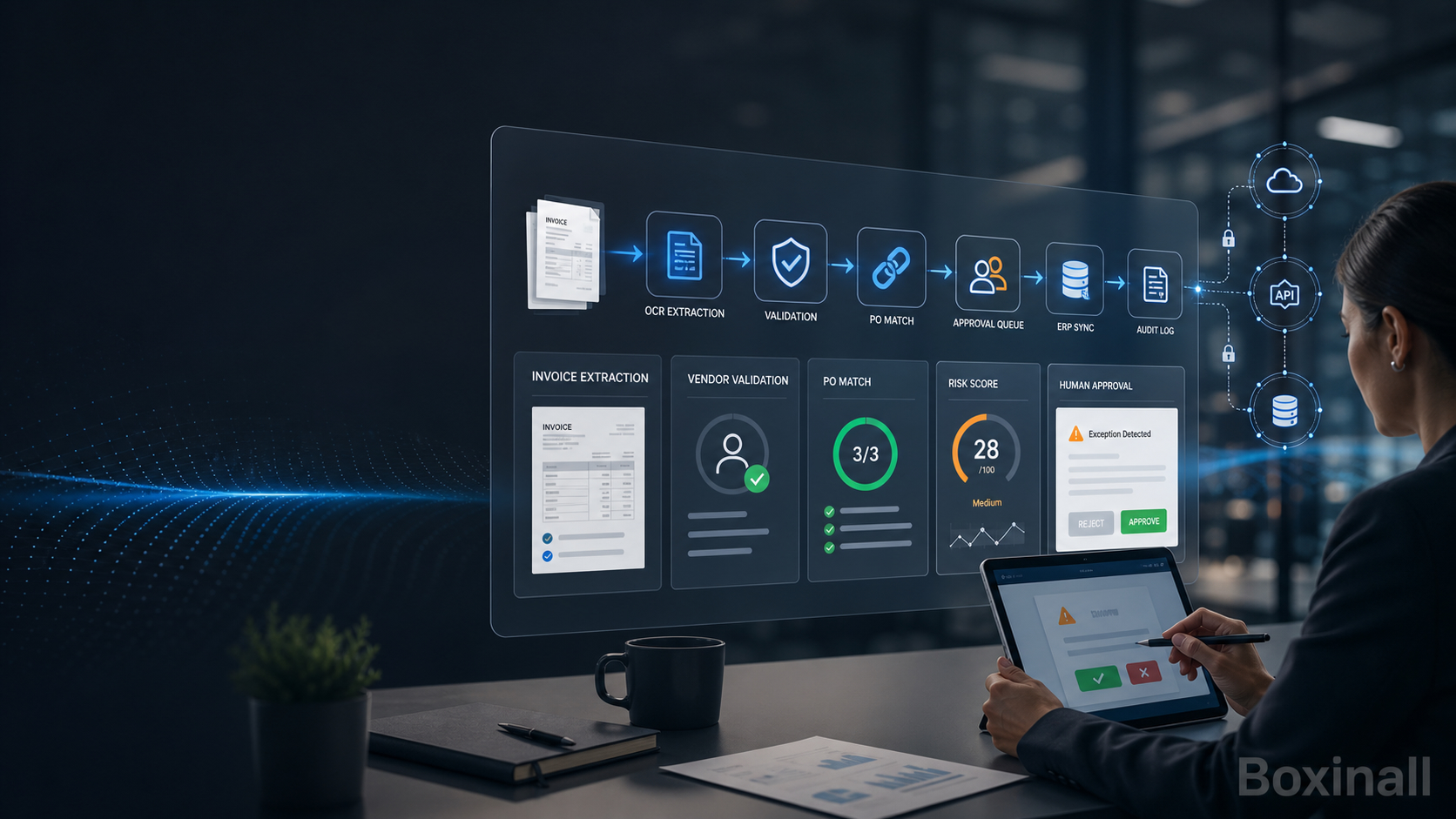 AI invoice processing workflow with OCR extraction, validation, PO matching, human approval, ERP sync, and audit logging.