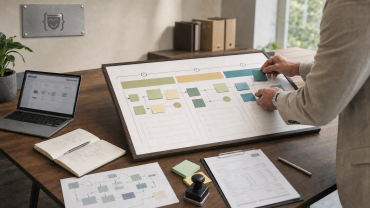 Business leaders reviewing a 90-day AI process automation roadmap with workflow stages, human approval, business systems, and ROI evidence.