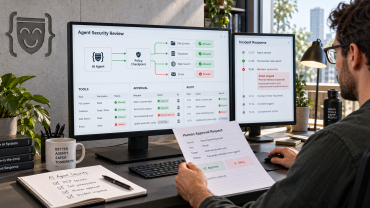 Engineer reviewing AI agent tool permissions, a human approval request and an incident timeline beside an engraved Boxinall logo