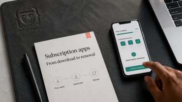 Phone showing a renewed learning subscription beside a printed app journey on a desk mat engraved with the Boxinall logo