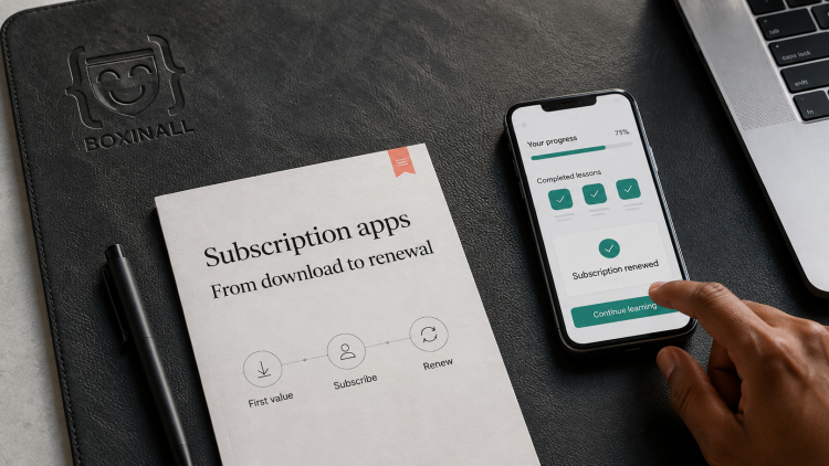 Phone showing a renewed learning subscription beside a printed app journey on a desk mat engraved with the Boxinall logo