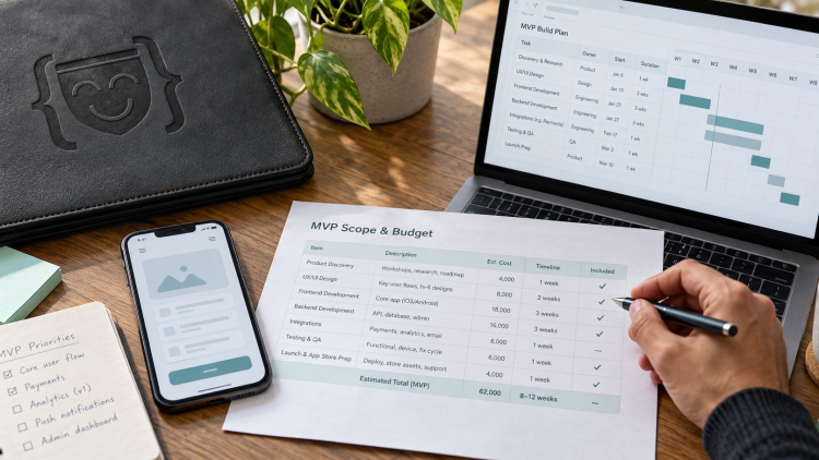 Product team reviewing an MVP app prototype, scope worksheet, and itemized development budget with Boxinall branding on the desk folder.